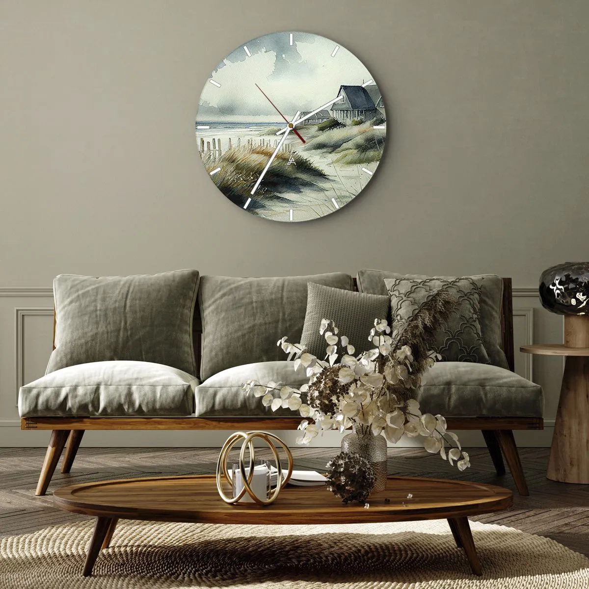 Falióra, Óra - Akvarell stílusú dűneházak egy nyugodt tengerparton - 30x30cm - Távol a nyüzsgéstől - Modern fali dekoráció nappalihoz, konyhához és hálószobához ARTTOR