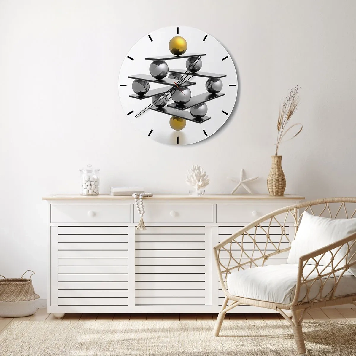Falióra, Óra - Arany és ezüst golyók modern kompozíciója fehér alapon - 30x30cm - Arany-ezüst egyensúly - Modern fali dekoráció nappalihoz, konyhához és hálószobához ARTTOR