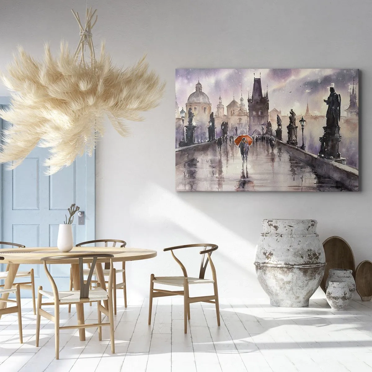 Vászonkép - Romantikus kilátás egy hídra esernyővel az esti város hátterében - 70x50cm - Az emberek nem változnak - Modern fali dekoráció nappalihoz és hálószobához ARTTOR