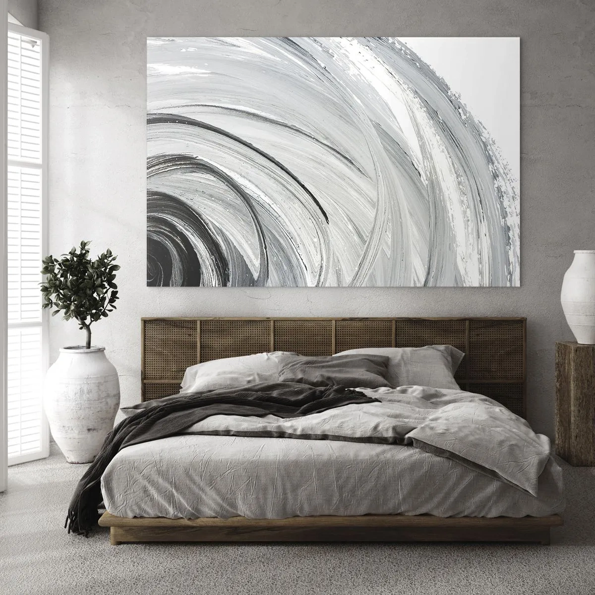 Üveg kép - Fekete-fehér spirál dinamikus ecsetvonásokkal. - 70x50cm - Orbitális kompozíció - Modern fali dekoráció nappalihoz és hálószobához ARTTOR