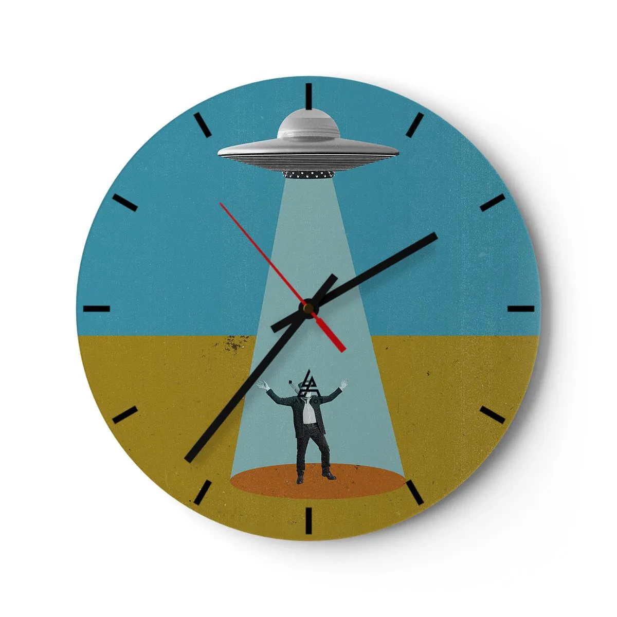 Falióra, Óra - Egy UFO-sugárral megvilágított férfi sivatagi háttér előtt. - 30x30cm - Közeli találkozás - Modern fali dekoráció nappalihoz, konyhához és hálószobához ARTTOR