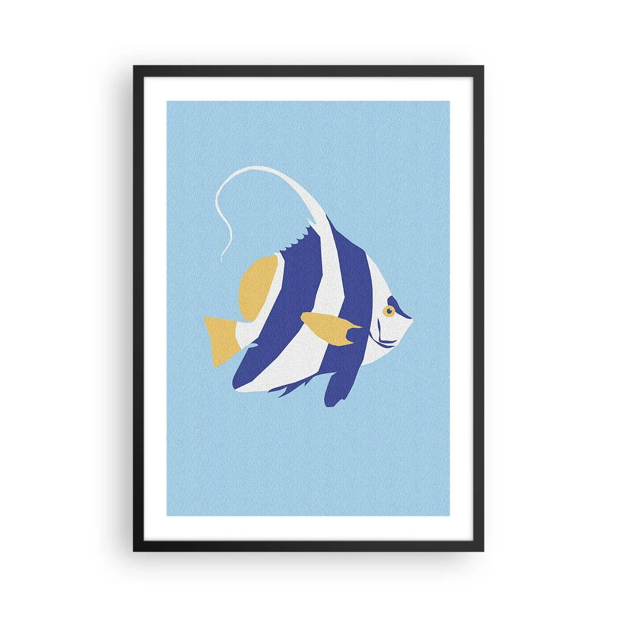 Poszter fehér keretben - Egy egzotikus hal minimalista grafikája kék háttér előtt. - 50x70cm - Miss trópusi víz - Modern fali dekoráció nappalihoz és hálószobához ARTTOR