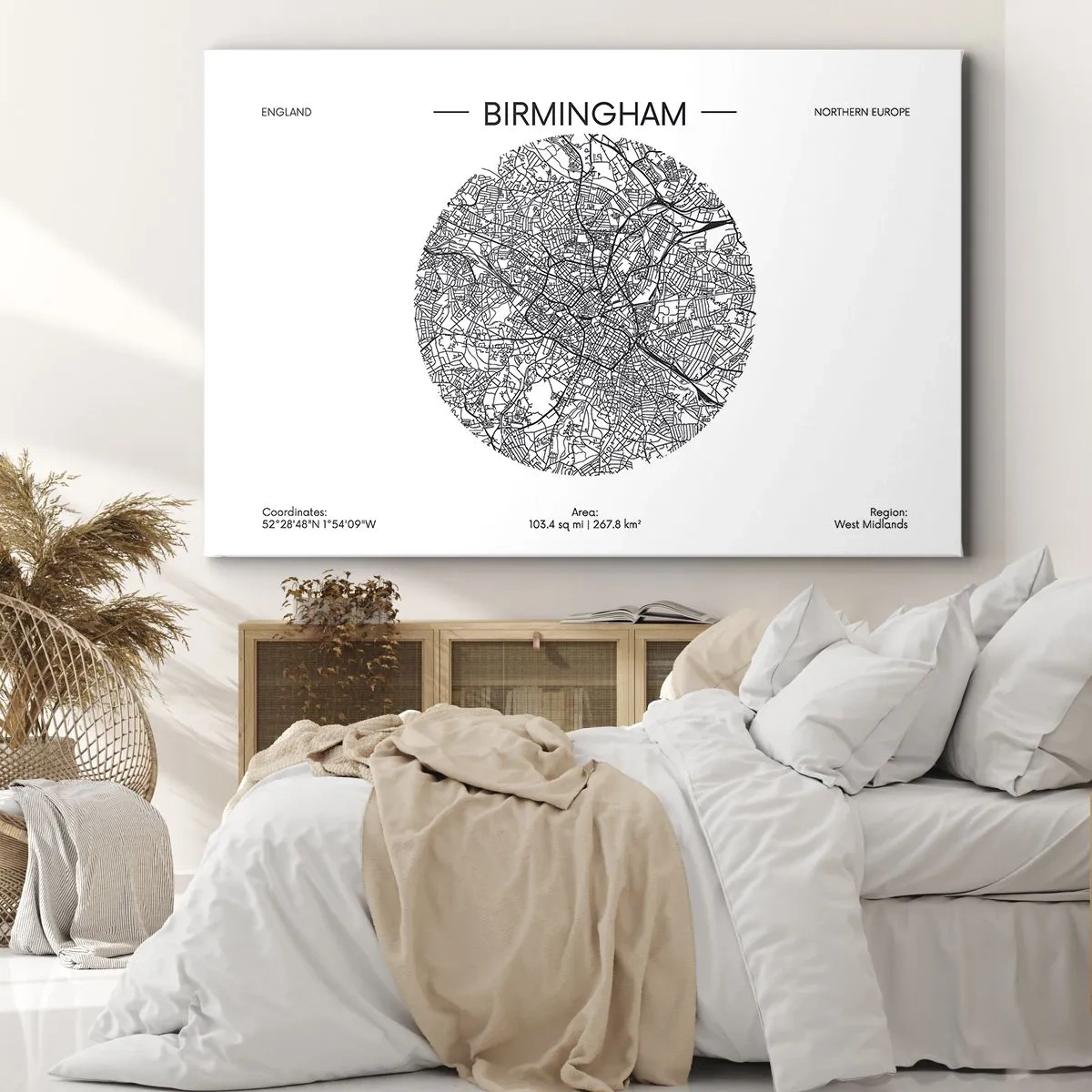 Vászonkép - Birmingham minimalista fekete-fehér térképe precíz részletekkel. - 70x50cm - Birmingham anatómiája - Modern fali dekoráció nappalihoz és hálószobához ARTTOR