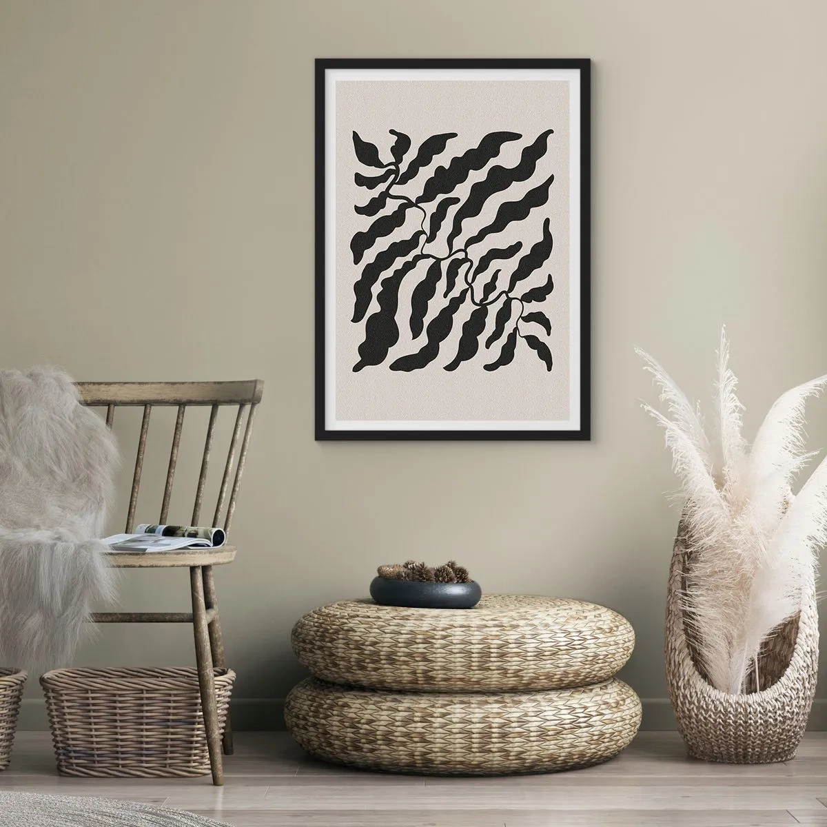 Poszter fehér keretben - Absztrakt növényi kompozíció fekete színben bézs alapon - 50x70cm - A tér természete - Modern fali dekoráció nappalihoz és hálószobához ARTTOR