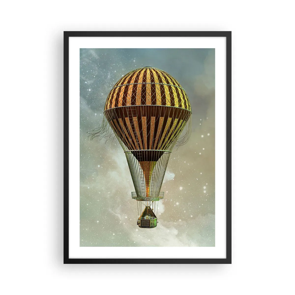 Poszter fehér keretben - Egy arany lufi lebeg a világűrben - 50x70cm - Úttörő járatok - Modern fali dekoráció nappalihoz és hálószobához ARTTOR