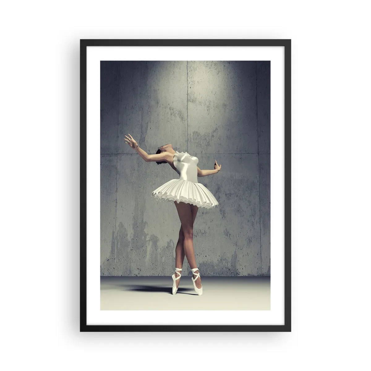 Poszter fehér keretben - Egy fehér ruhás balerina egy nyers betonfal hátterében. - 50x70cm - Könnyű, mint a madár - Modern fali dekoráció nappalihoz és hálószobához ARTTOR