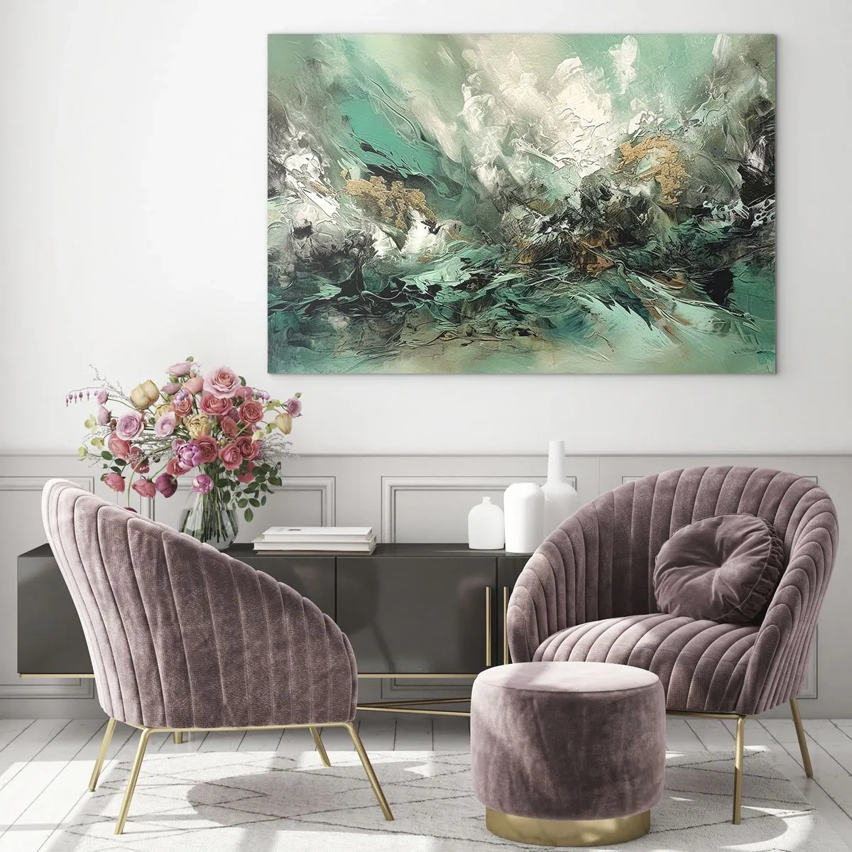 Üveg kép - Egy absztrakt kompozíció smaragdzöld, fekete és fehér árnyalatokban. - 70x50cm - Smaragd-fekete kelés - Modern fali dekoráció nappalihoz és hálószobához ARTTOR