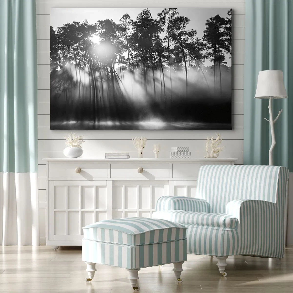Vászonkép - Fekete-fehér erdő a reggeli ködben - 70x50cm - Megállíthatatlan nap - Modern fali dekoráció nappalihoz és hálószobához ARTTOR