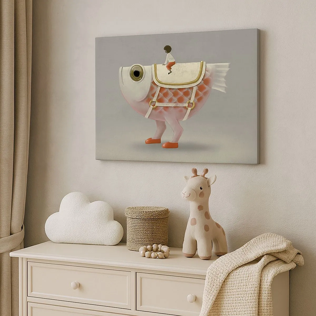 Vászonkép - Egy díszes hallovas lábakkal és nyereggel - 70x50cm - A halas lovas - Modern fali dekoráció nappalihoz és hálószobához ARTTOR