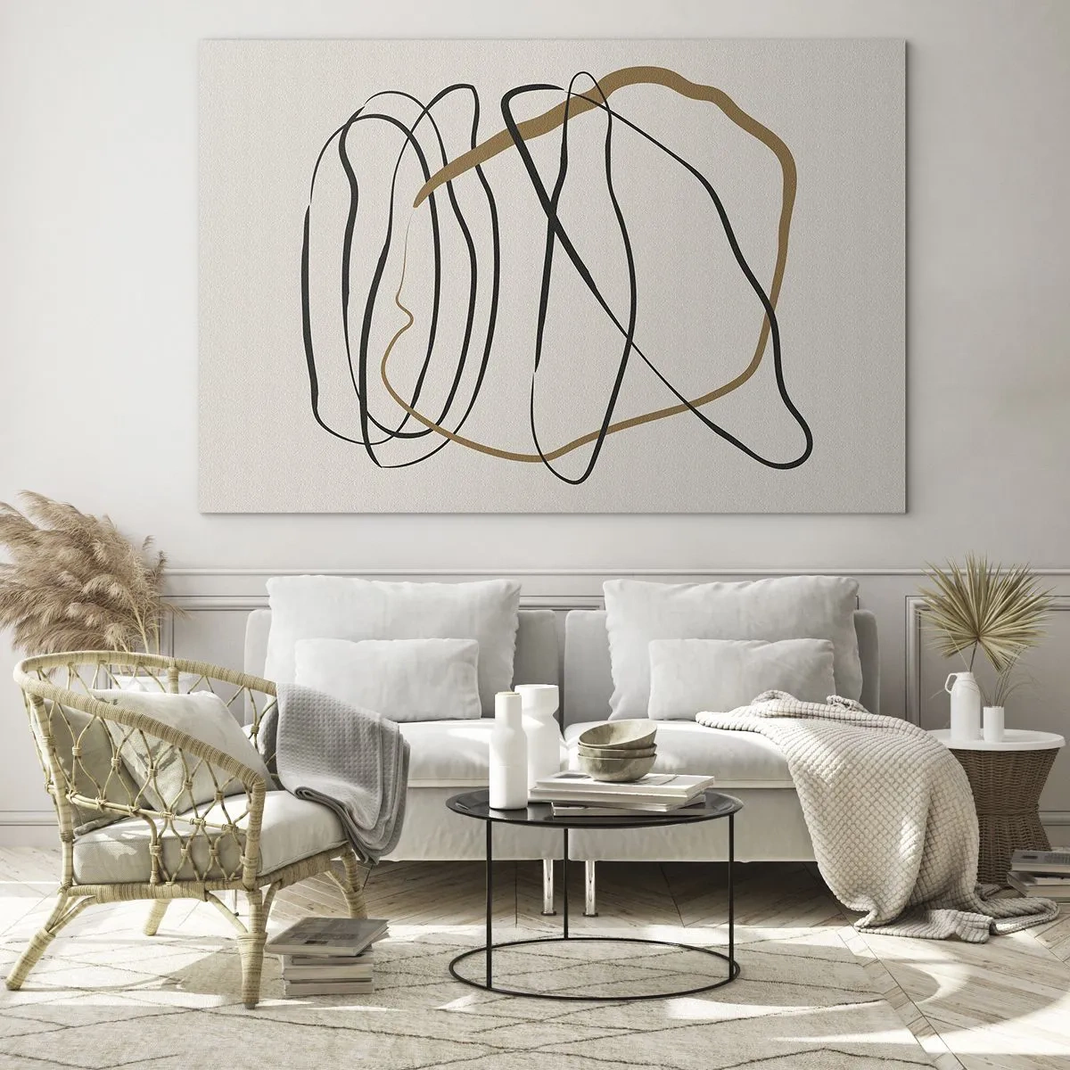 Üveg kép - Világos háttéren fekete és barna vonalak kifejező kompozíciója. - 70x50cm - Kompozíció - birtokló tánc - Modern fali dekoráció nappalihoz és hálószobához ARTTOR