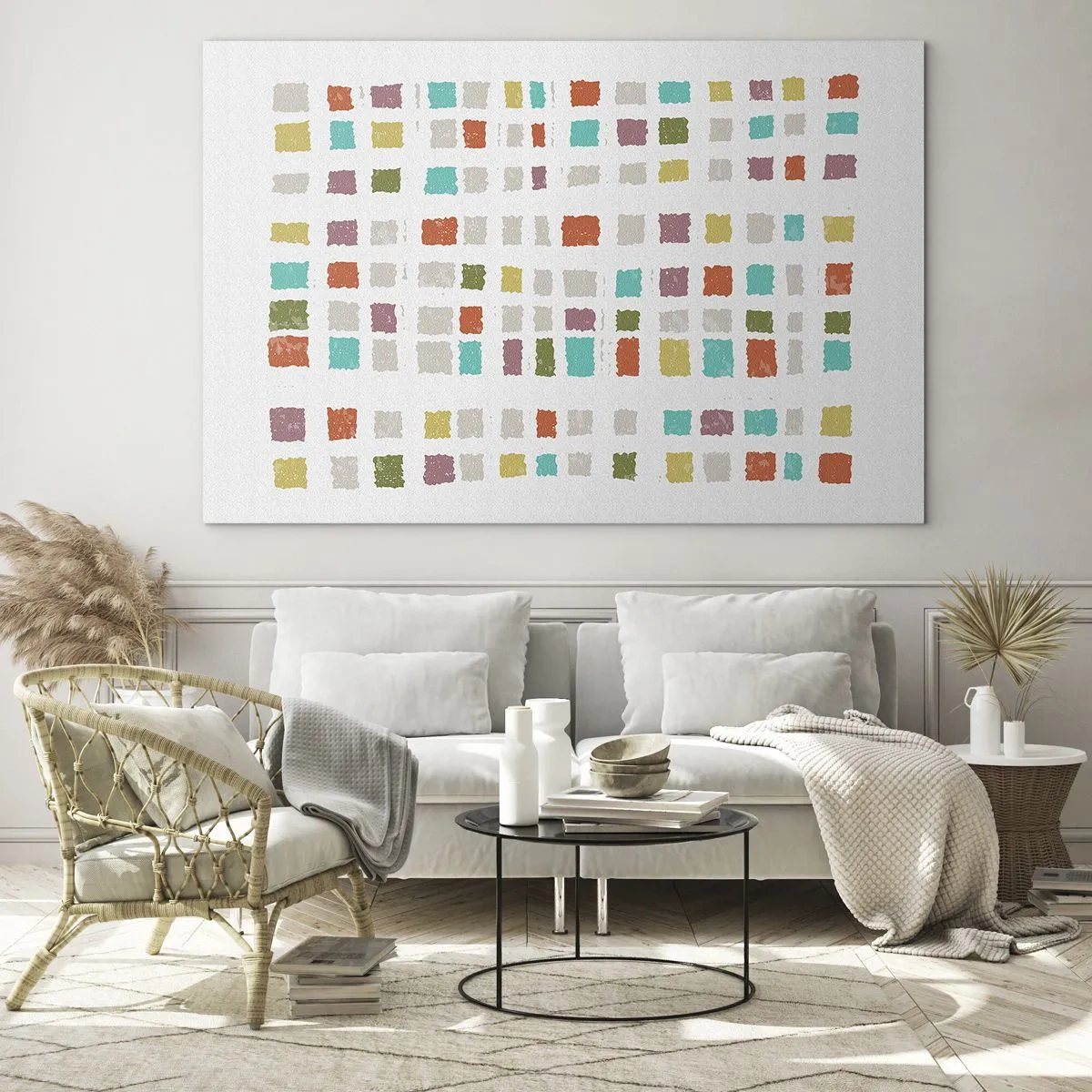 Üveg kép - Színes mozaik négyzetekből fehér alapon, absztrakt stílusban - 70x50cm - Ismeretlen játék - Modern fali dekoráció nappalihoz és hálószobához ARTTOR