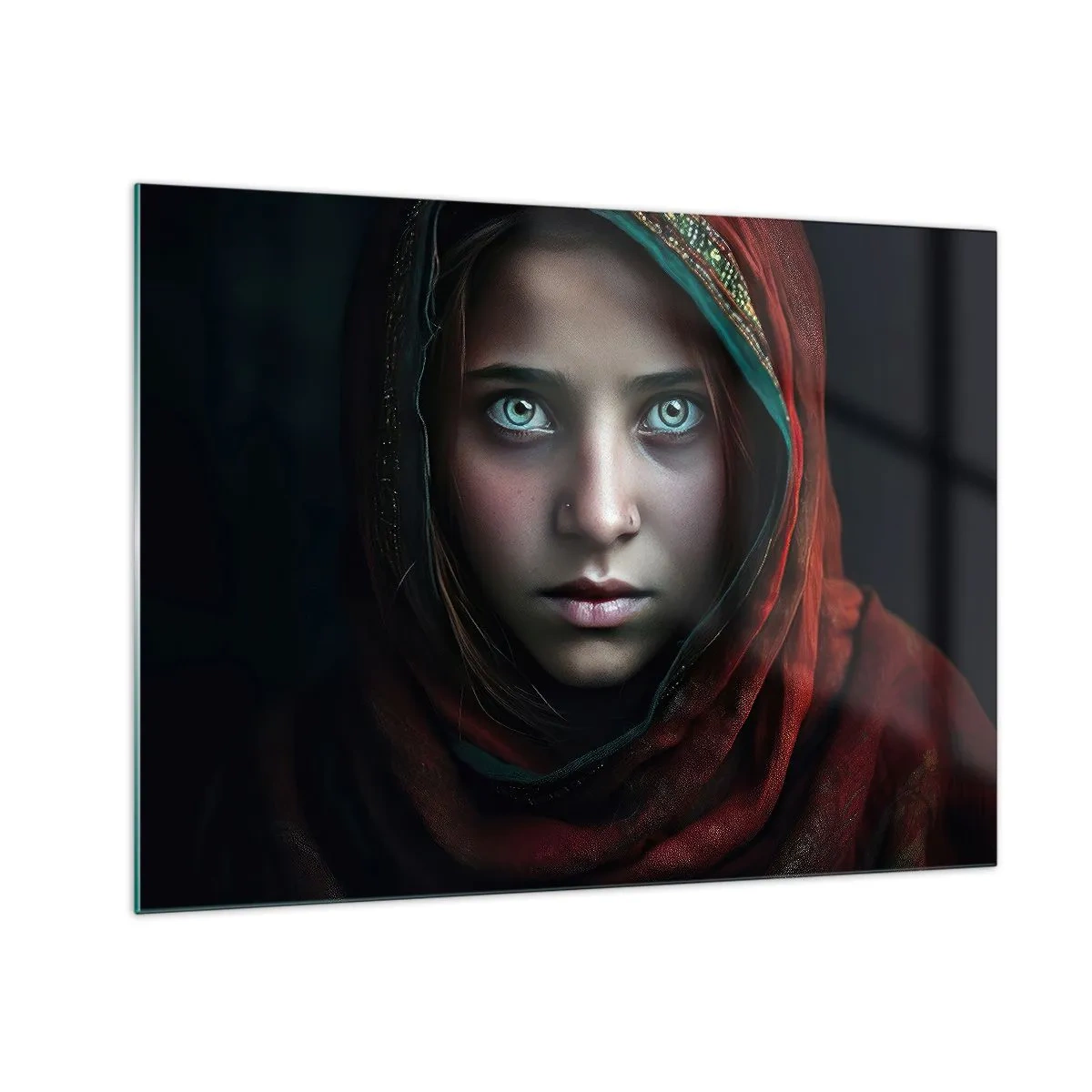 Üveg kép - Portré egy nőről piros sállal sötét háttér előtt - 70x50cm - Keleti hercegnő - Modern fali dekoráció nappalihoz és hálószobához ARTTOR