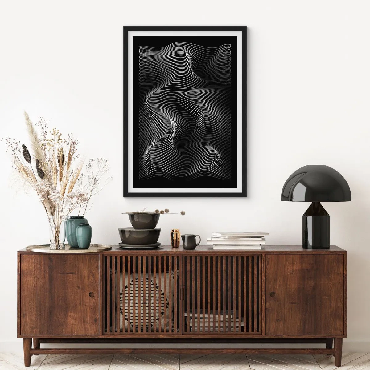 Poszter fehér keretben - Minimalista hullámok fekete-fehérben - 50x70cm - A fény tánca a térben - Modern fali dekoráció nappalihoz és hálószobához ARTTOR