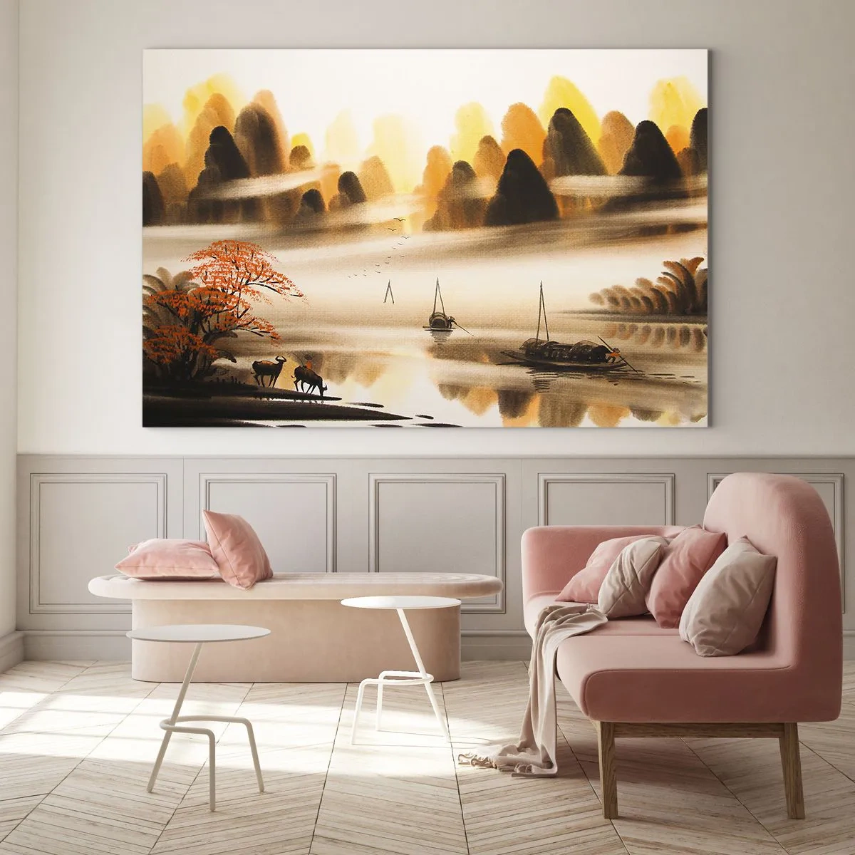 Üveg kép - Keleti táj hajókkal és hegyekkel a ködben - 70x50cm - Távolabb, mint a Távol-Kelet - Modern fali dekoráció nappalihoz és hálószobához ARTTOR