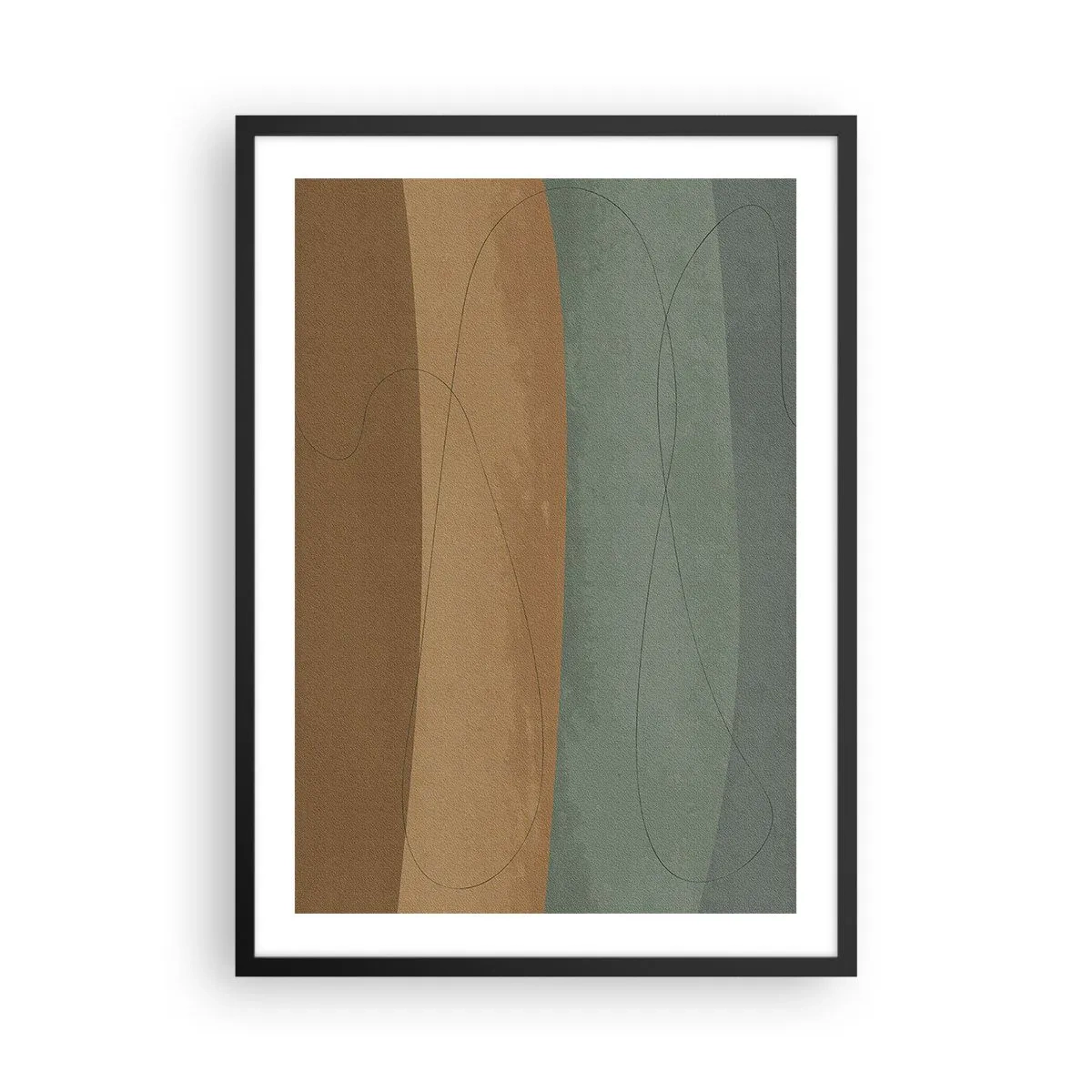 Poszter fehér keretben - Organikus vonalak földes és zöld háttéren - 50x70cm - Vízszintes kompozíció - Modern fali dekoráció nappalihoz és hálószobához ARTTOR