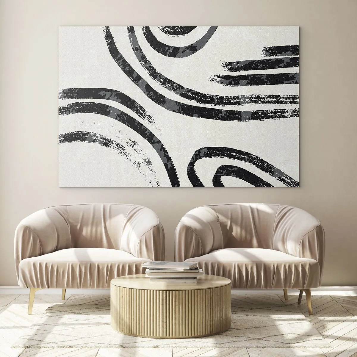 Üveg kép - Fekete félköríves vonalak minimalista absztrakcióban világos háttéren - 70x50cm - Félig megállt - Modern fali dekoráció nappalihoz és hálószobához ARTTOR