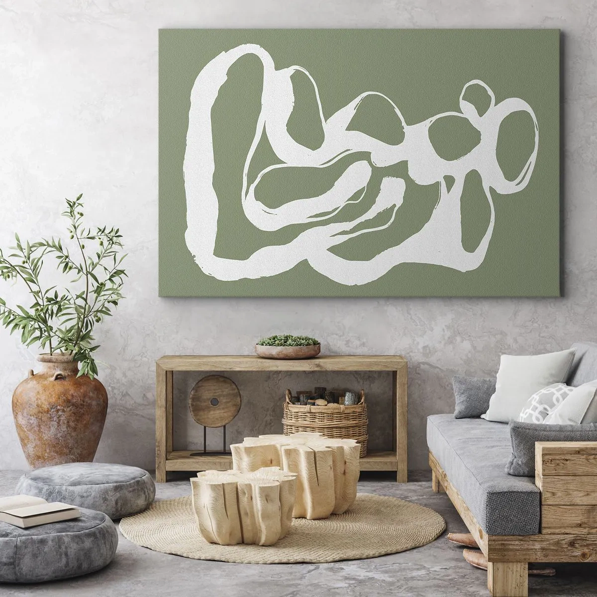 Vászonkép - Organikus formák fehér színben, zöld alapon - 70x50cm - A tér hívása - Modern fali dekoráció nappalihoz és hálószobához ARTTOR