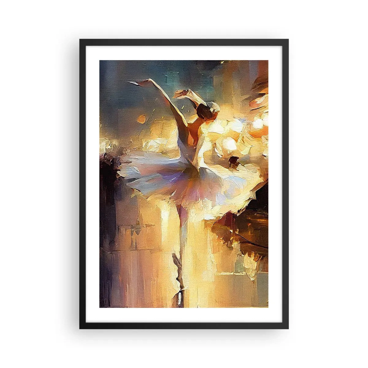 Poszter fehér keretben - Egy balerina a színpad aranyló fényében - 50x70cm - Csoda az utcán - Modern fali dekoráció nappalihoz és hálószobához ARTTOR