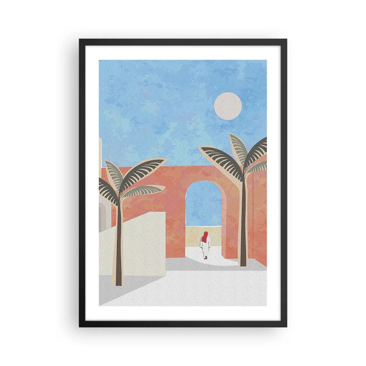 Poszter fehér keretben - Minimalista táj pálmafákkal és egy boltívvel - 50x70cm - Egy arab nap - Modern fali dekoráció nappalihoz és hálószobához ARTTOR