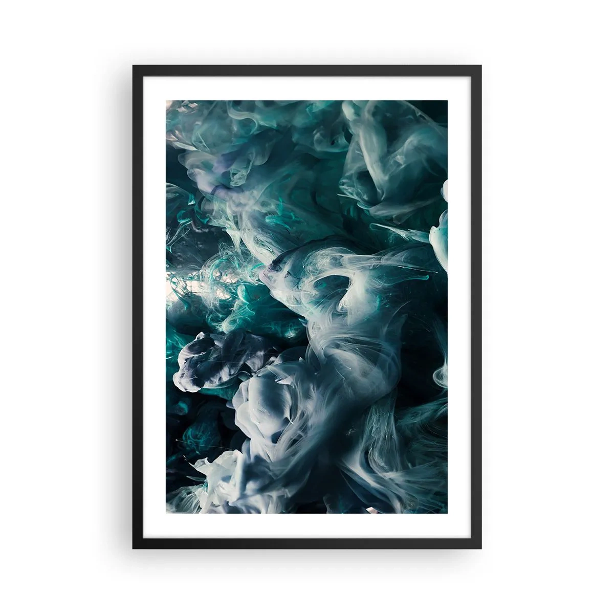 Poszter fehér keretben - Zöld és kék árnyalatú, örvénylő színek absztrakt kompozíciója. - 50x70cm - A színek mozgása - Modern fali dekoráció nappalihoz és hálószobához ARTTOR