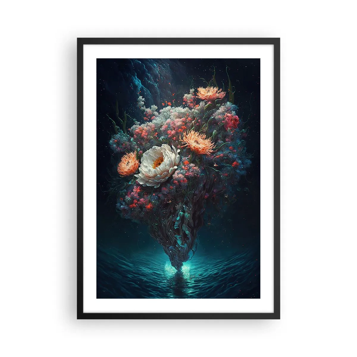 Poszter fehér keretben - Egy varázslatos virágkompozíció lebeg a víz felett - 50x70cm - Furcsa kert - Modern fali dekoráció nappalihoz és hálószobához ARTTOR
