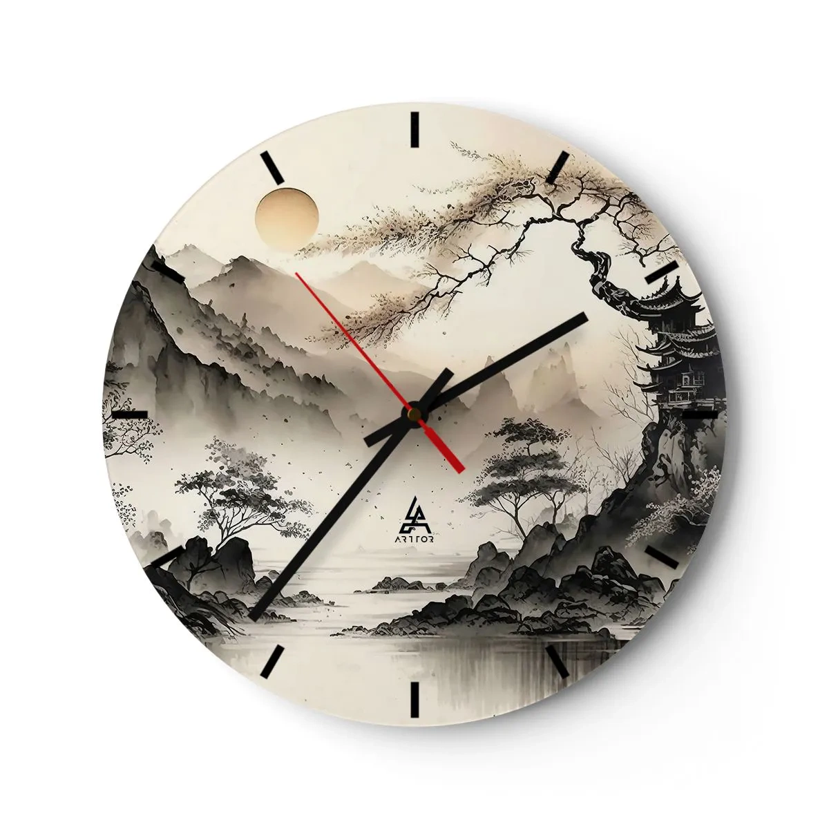 Falióra, Óra - Kínai tusfestmény egy hegyi tájról, pagodával és ködös völggyel - 30x30cm - A Kelet egyedülálló varázsa - Modern fali dekoráció nappalihoz, konyhához és hálószobához ARTTOR