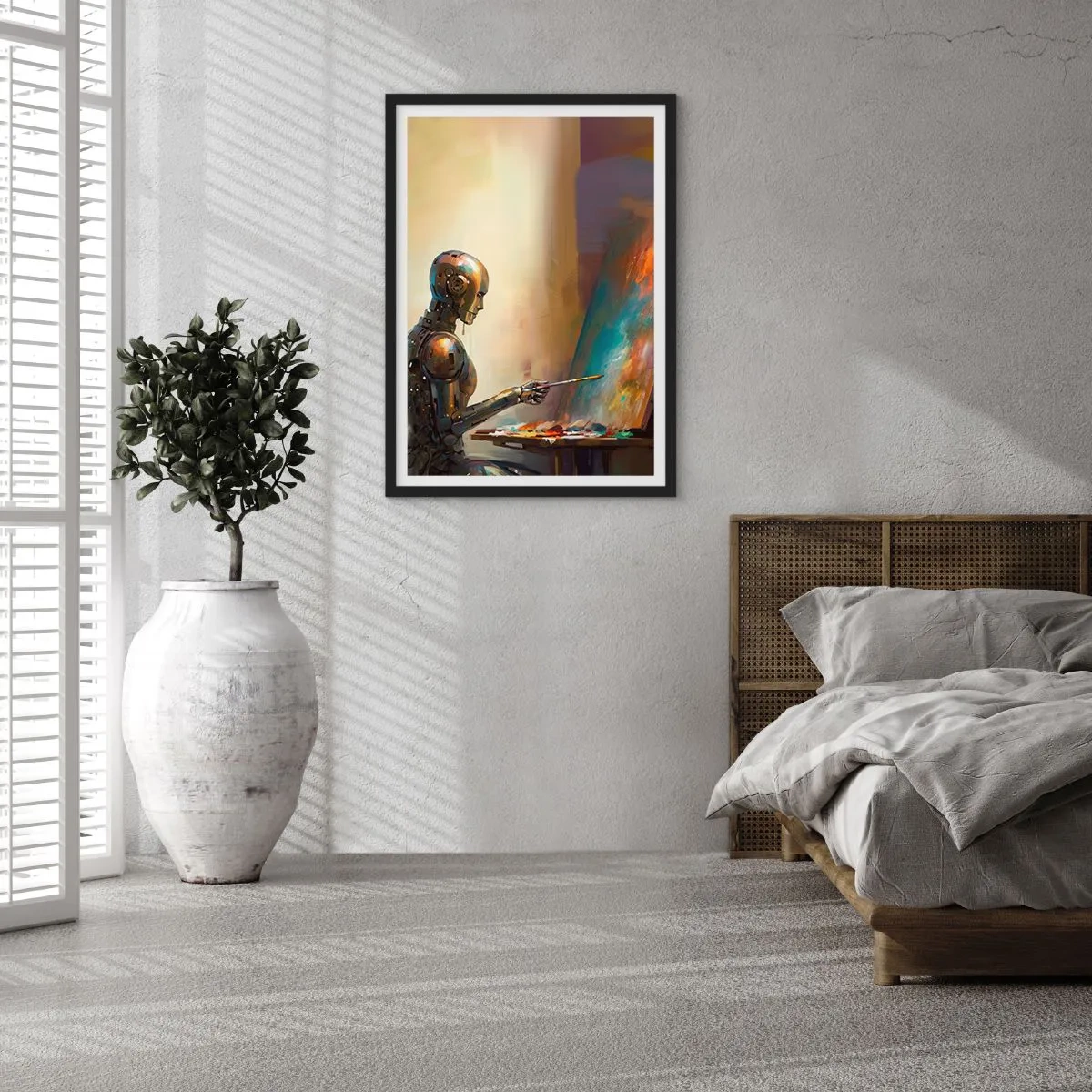 Poszter fehér keretben - Robotfestő egy futurisztikus stílusú festőállványnál - 50x70cm - A jövő művészete - Modern fali dekoráció nappalihoz és hálószobához ARTTOR
