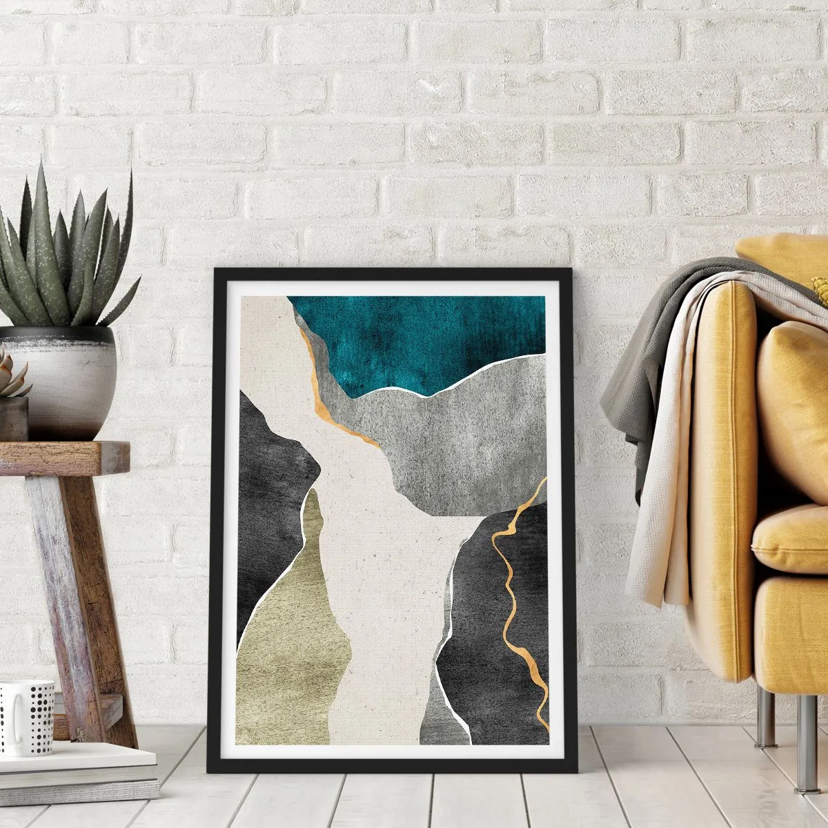 Poszter fehér keretben - Absztrakt kompozíció geometriai alakzatokkal - 50x70cm - Mozaik kompozíció aranyszállal - Modern fali dekoráció nappalihoz és hálószobához ARTTOR