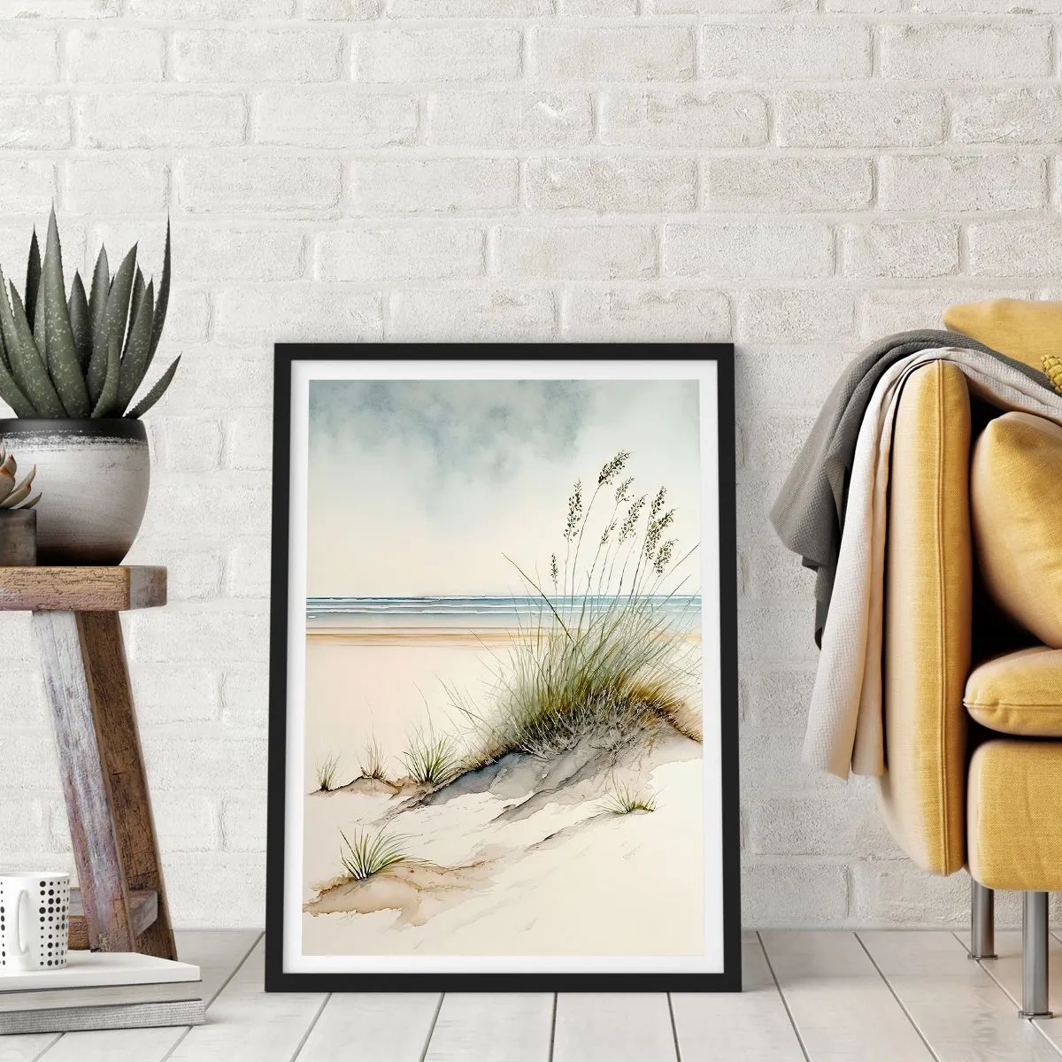 Poszter fehér keretben - A szél simogatja - füvek a dűnéken a tengerparton - 50x70cm - A szél által kényeztetve - Modern fali dekoráció nappalihoz és hálószobához ARTTOR