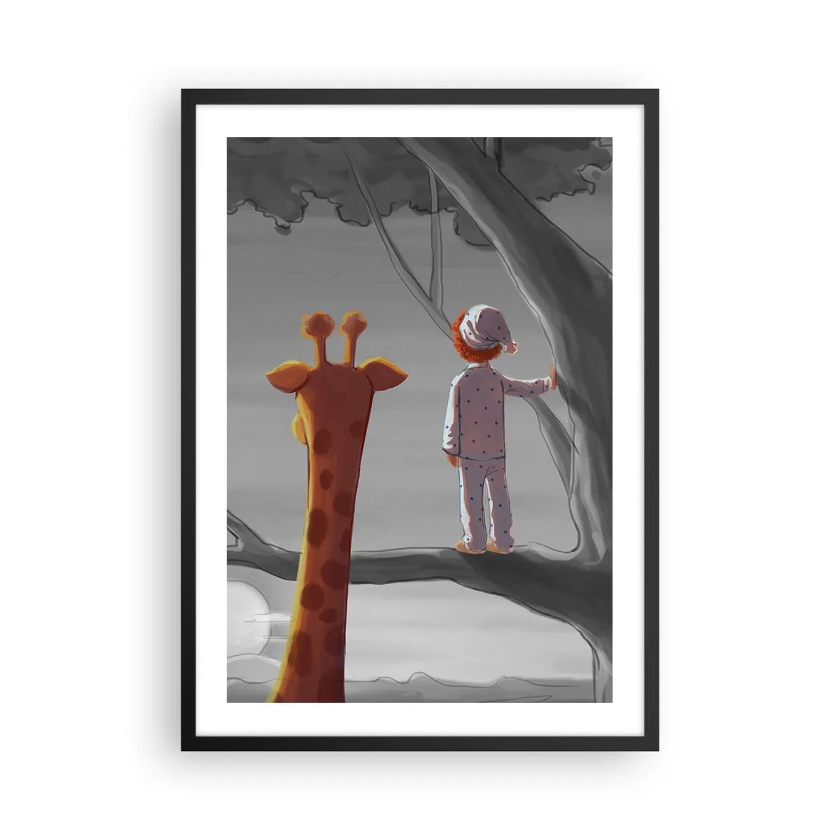 Poszter fehér keretben - Egy pizsamás fiú és egy zsiráf egy fán egy szürke és narancssárga tájban. - 50x70cm - Ez tényleg történik - Modern fali dekoráció nappalihoz és hálószobához ARTTOR