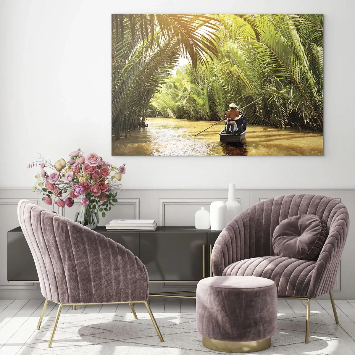 Üveg kép - Egy férfi evez egy csónakban, amelyen egy pálmafákkal szegélyezett szurdokon halad át - 70x50cm - A pálma kanyonban - Modern fali dekoráció nappalihoz és hálószobához ARTTOR