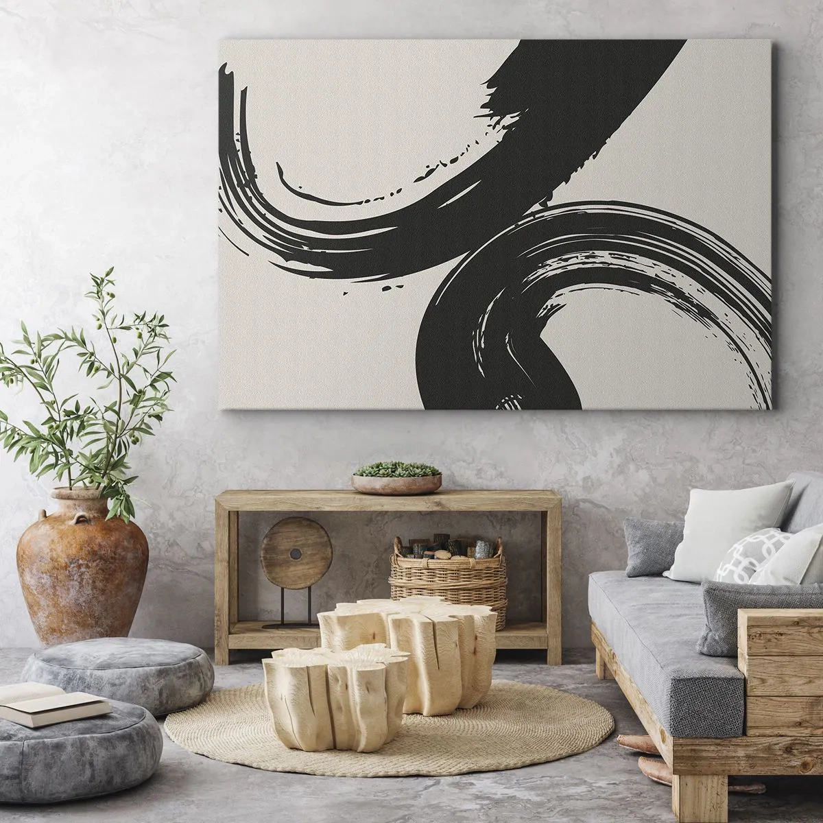 Vászonkép - Dinamikus ecsetvonások feketében világos háttéren - 70x50cm - Söprő és körkörös - Modern fali dekoráció nappalihoz és hálószobához ARTTOR