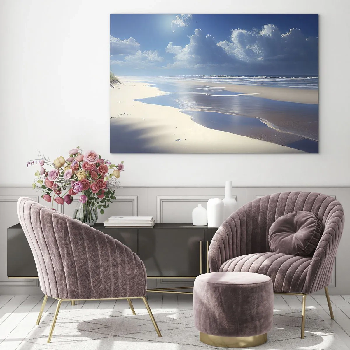 Üveg kép - Széles, homokos strand és nyugodt hullámok a kék ég alatt - 70x50cm - Nyaralás a paradicsomban - Modern fali dekoráció nappalihoz és hálószobához ARTTOR