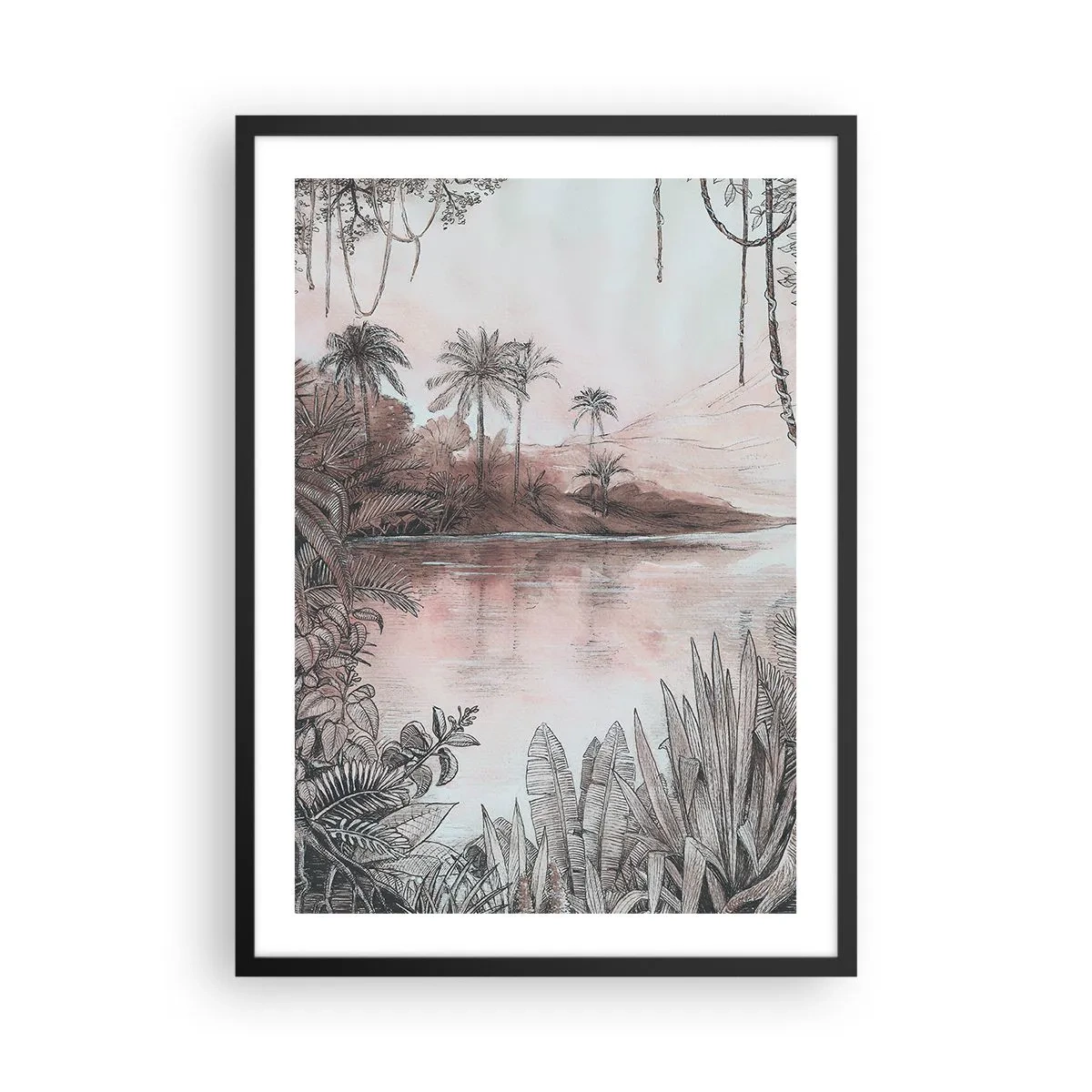 Poszter fehér keretben - Egzotikus táj a vízparton - 50x70cm - Egy 19. századi felfedező naplója - Modern fali dekoráció nappalihoz és hálószobához ARTTOR