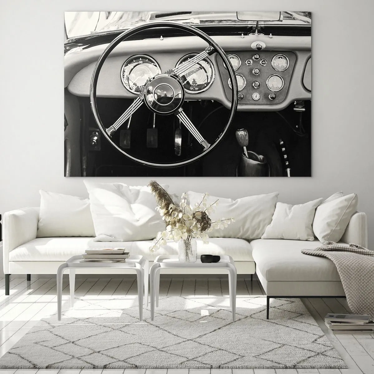 Üveg kép - Egy klasszikus autó kormánykereke és órái szépia színben - 70x50cm - Gyűjtő álma - Modern fali dekoráció nappalihoz és hálószobához ARTTOR
