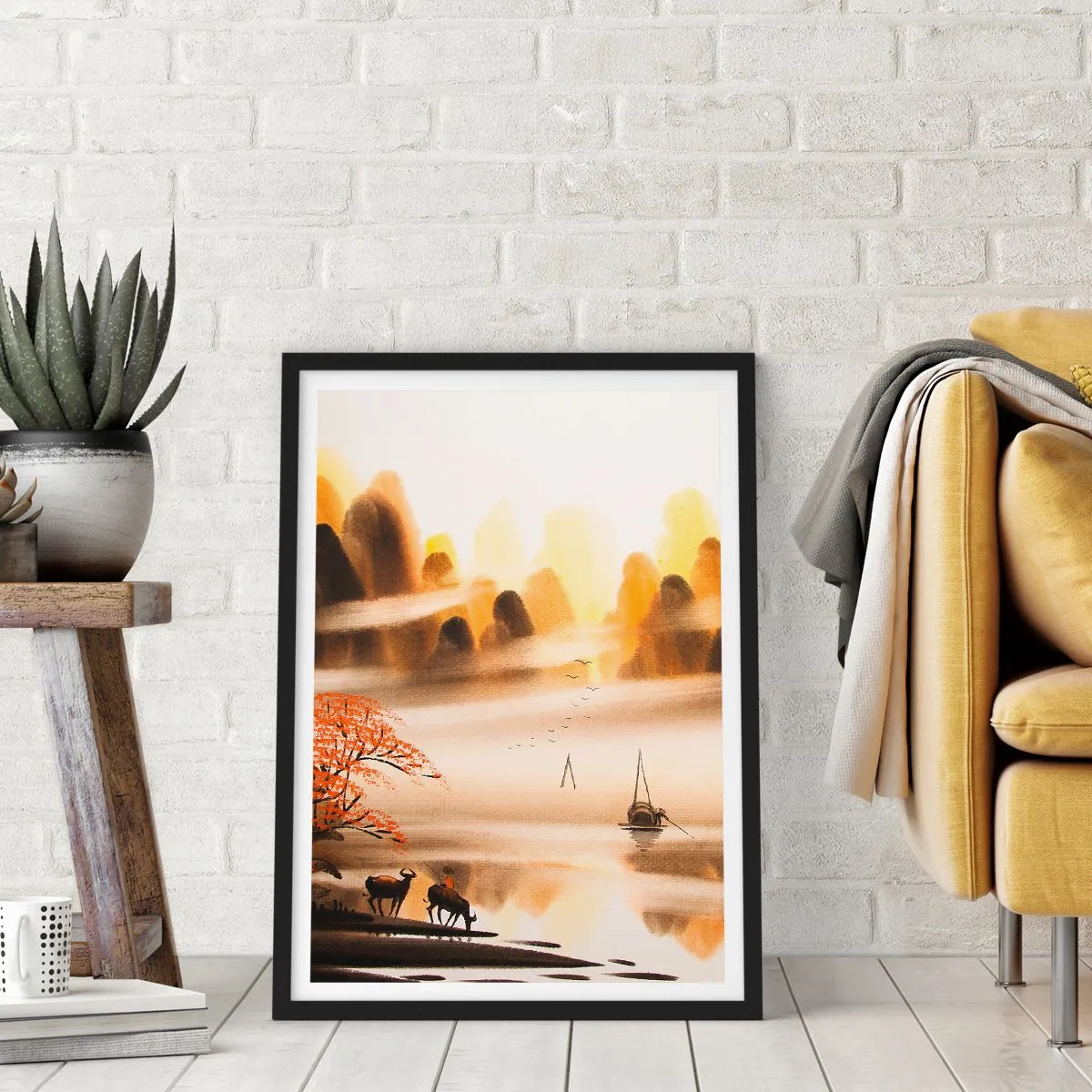 Poszter fehér keretben - Keleti hegyi táj a ködben egy hajóval és állatokkal - 50x70cm - Távolabb, mint a Távol-Kelet - Modern fali dekoráció nappalihoz és hálószobához ARTTOR