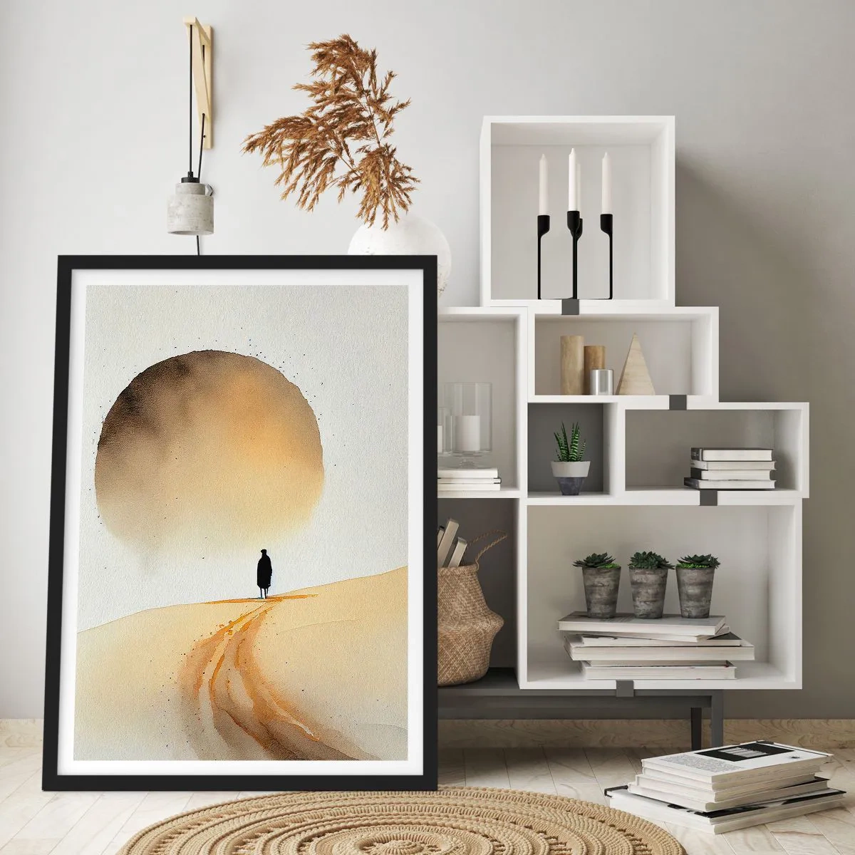Poszter fehér keretben - Egy utazó sziluettje egy sivatagi úton - 50x70cm - Örök vágyakozás - Modern fali dekoráció nappalihoz és hálószobához ARTTOR