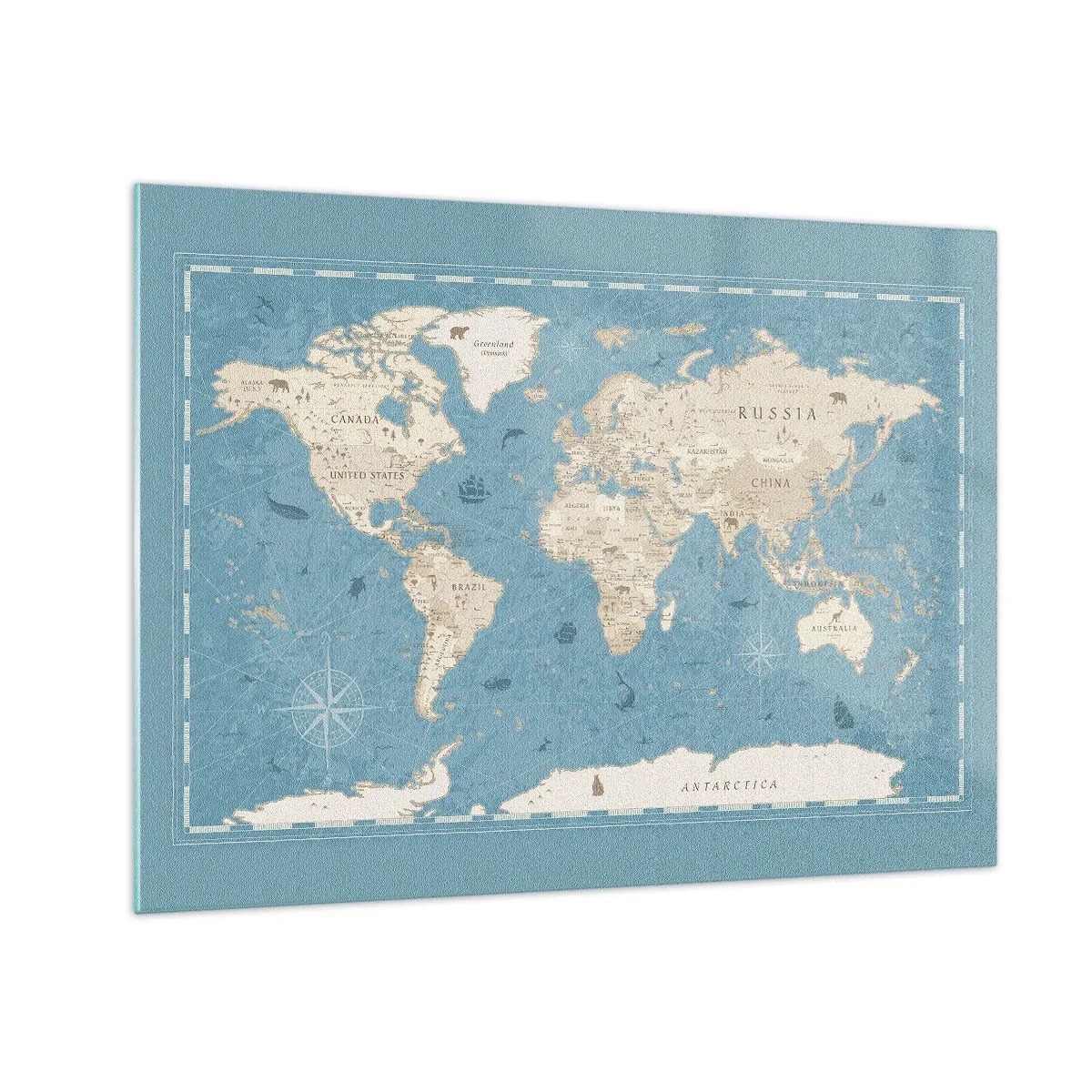 Üveg kép - Stilizált világtérkép kék háttérrel - 70x50cm - Egy világ karnyújtásnyira - Modern fali dekoráció nappalihoz és hálószobához ARTTOR