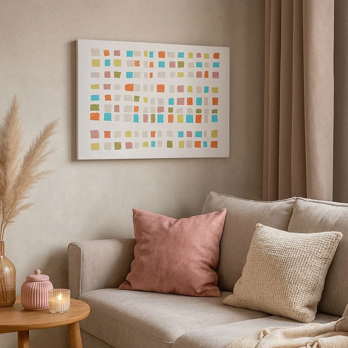 Vászonkép - Színes négyzetek minimalista elrendezésben fehér alapon - 70x50cm - Ismeretlen játék - Modern fali dekoráció nappalihoz és hálószobához ARTTOR