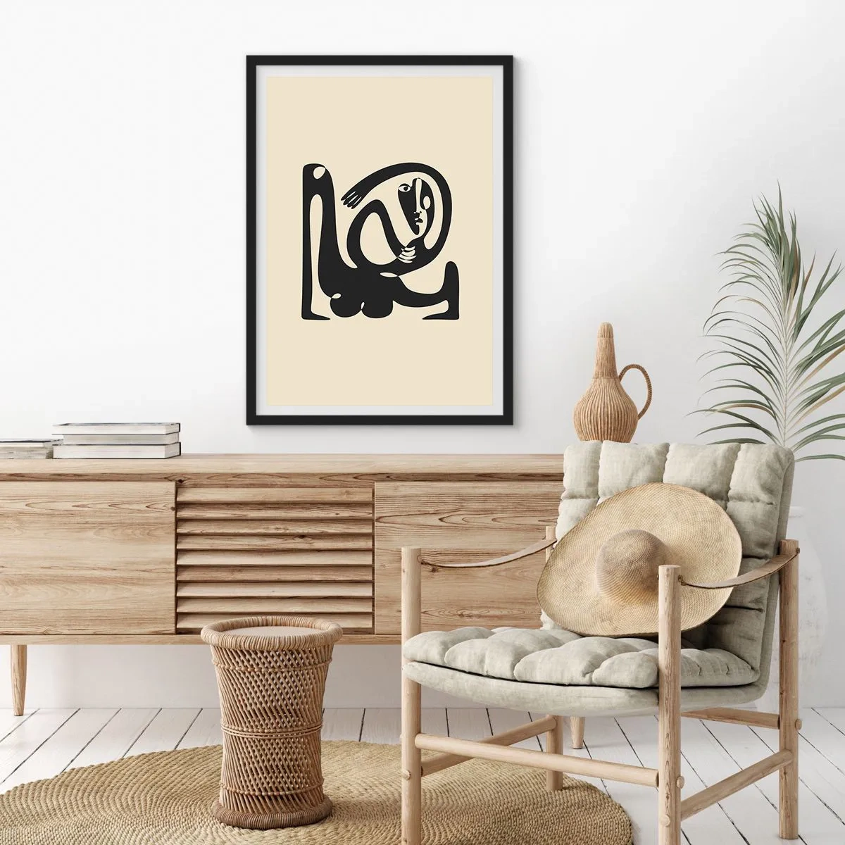 Poszter fehér keretben - Absztrakt ábra bézs alapon fekete vonalakkal - 50x70cm - Majdnem Picasso - Modern fali dekoráció nappalihoz és hálószobához ARTTOR