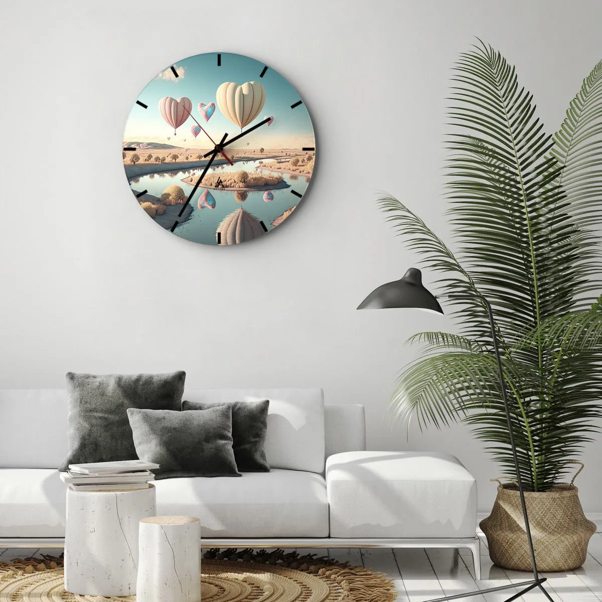Falióra, Óra - Szív alakú lufik lebegnek a folyó felett - 30x30cm - A szerelem szárnyalni hagy - Modern fali dekoráció nappalihoz, konyhához és hálószobához ARTTOR