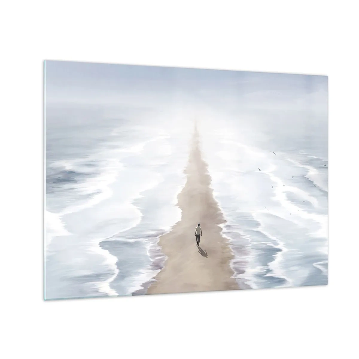 Üveg kép - Egy alak egyedül sétál a horizont felé a hullámok között - 70x50cm - Fényes jövő - Modern fali dekoráció nappalihoz és hálószobához ARTTOR