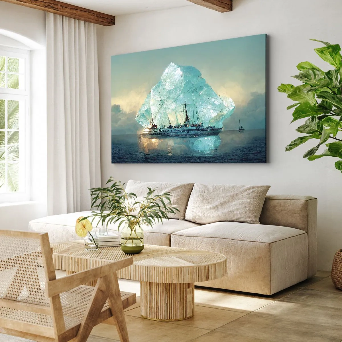 Vászonkép - Egy hajó, háttérben egy fenséges jéghegygel - 70x50cm - Sarkvidéki gyémánt - Modern fali dekoráció nappalihoz és hálószobához ARTTOR