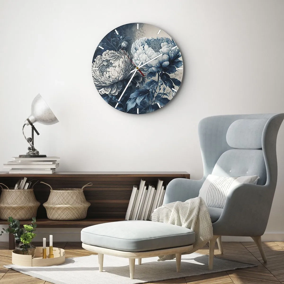 Falióra, Óra - Két pünkösdi rózsa illusztrációja kék és fehér árnyalatokban - 30x30cm - Egy jól összeillő pár - Modern fali dekoráció nappalihoz, konyhához és hálószobához ARTTOR