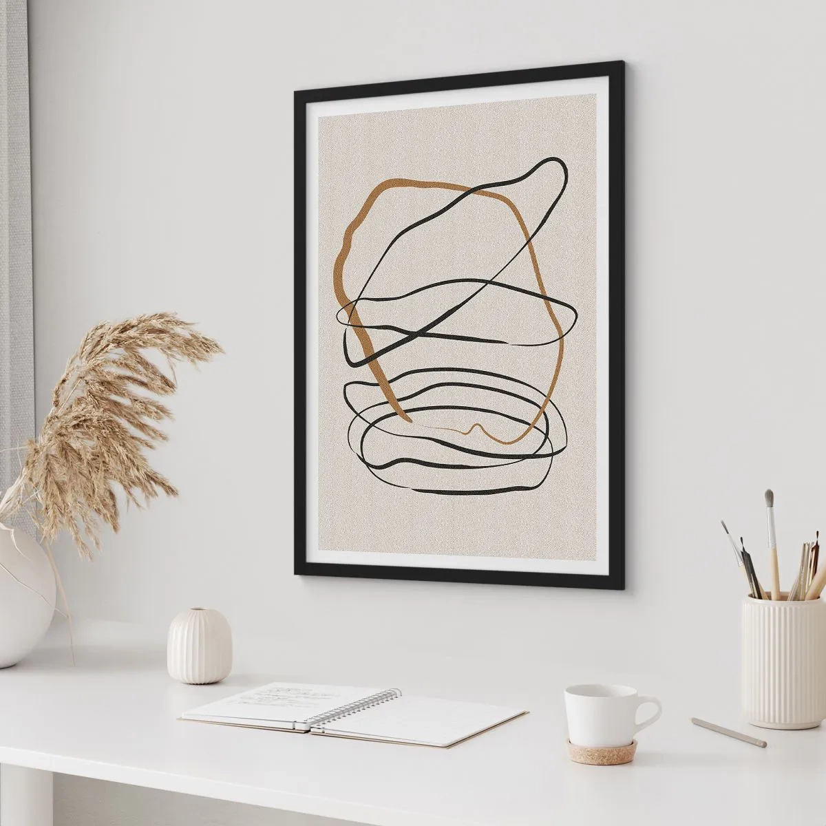Poszter fehér keretben - Minimalista absztrakció dinamikus vonalakkal - 50x70cm - Kompozíció - birtokló tánc - Modern fali dekoráció nappalihoz és hálószobához ARTTOR