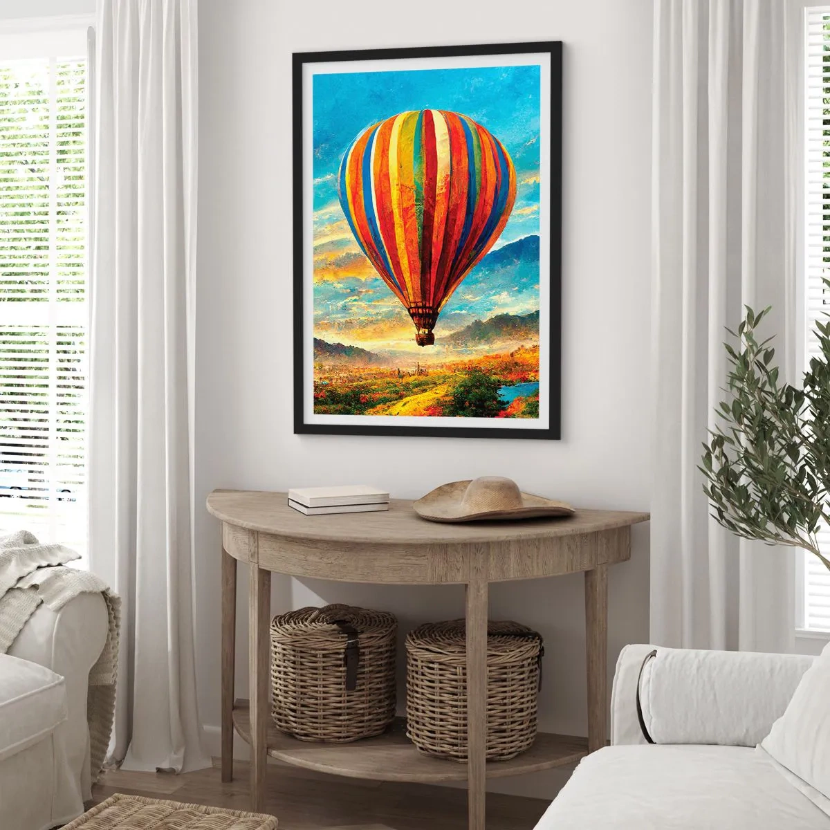 Poszter fehér keretben - Egy színes léggömb egy festői táj felett - 50x70cm - A csendben többet látsz - Modern fali dekoráció nappalihoz és hálószobához ARTTOR