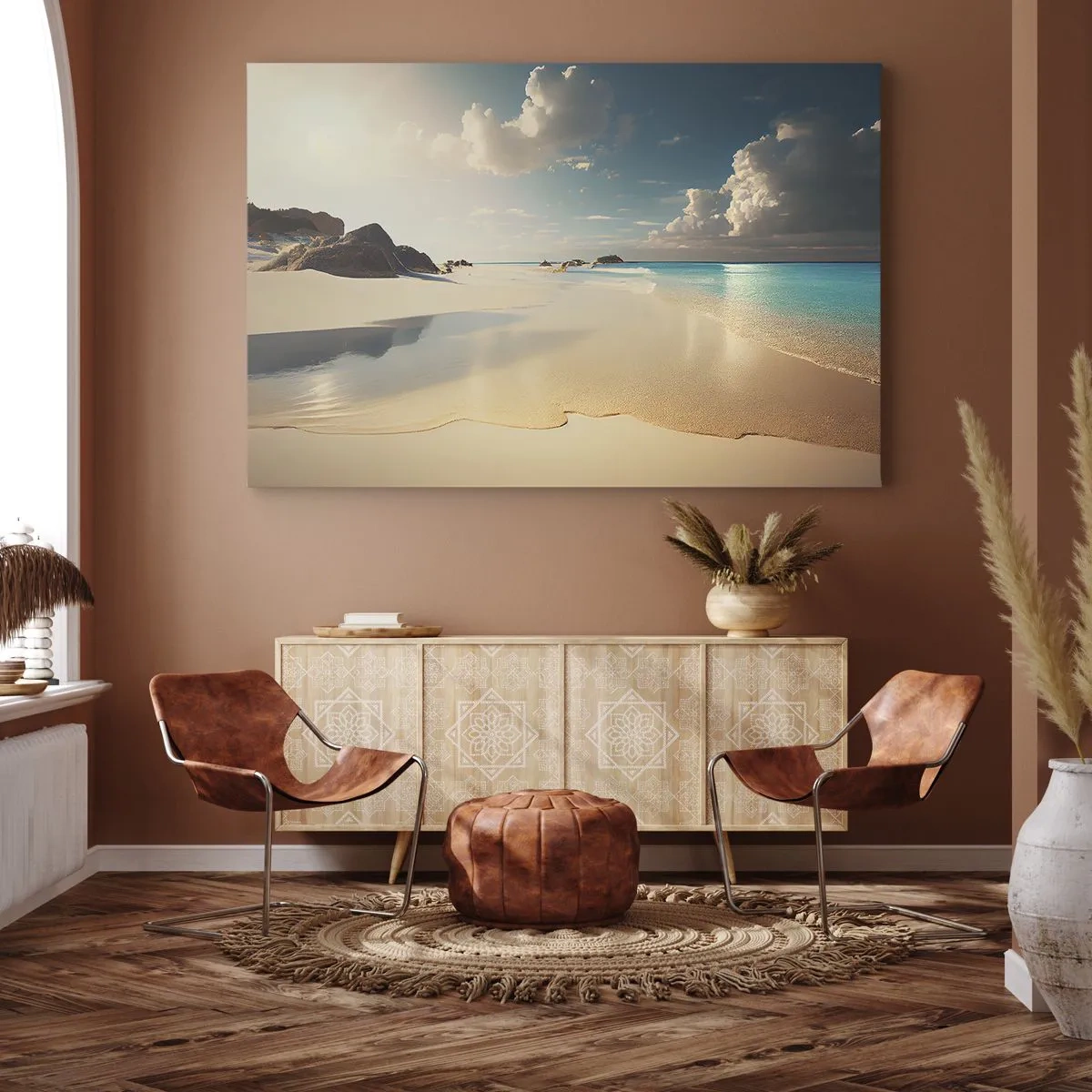 Vászonkép - Napos tengerpart kék tengerrel és sziklákkal - 70x50cm - Egy álomszerű nap - Modern fali dekoráció nappalihoz és hálószobához ARTTOR
