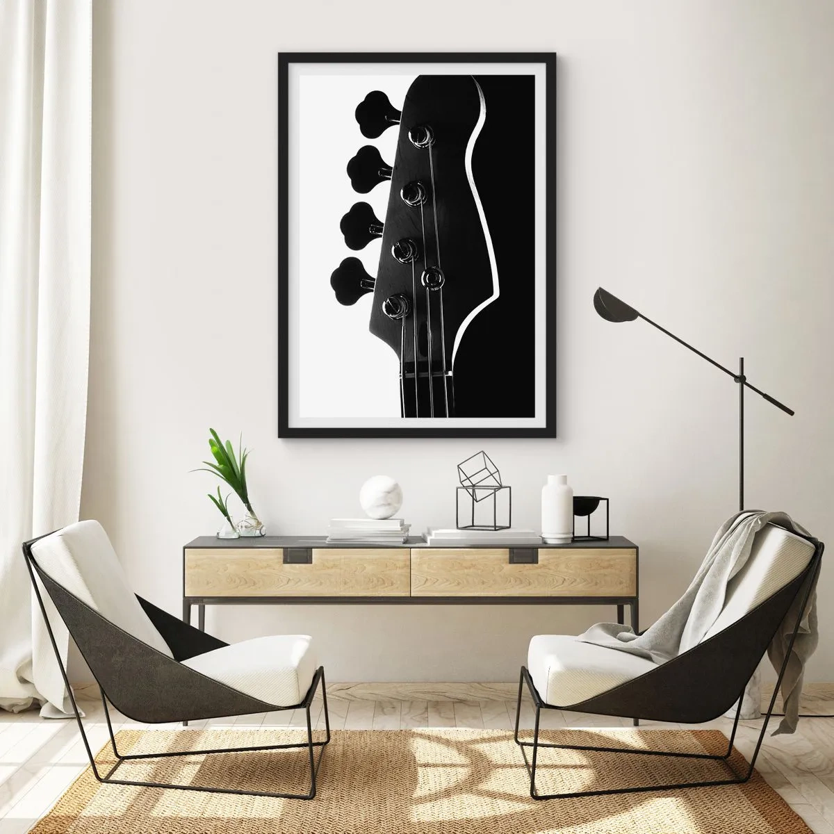 Poszter fehér keretben - Minimalista fekete-fehér zenei téma elektromos gitárral. - 50x70cm - Sziklacsend - Modern fali dekoráció nappalihoz és hálószobához ARTTOR