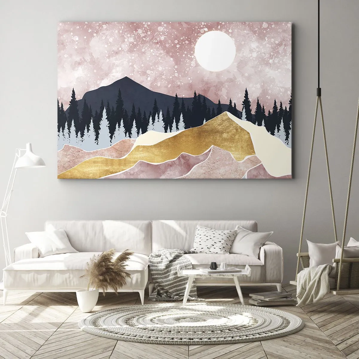 Vászonkép - Színes hegyek a rózsaszín ég és a hold ellen - 70x50cm - Éjjeli őrség - Modern fali dekoráció nappalihoz és hálószobához ARTTOR