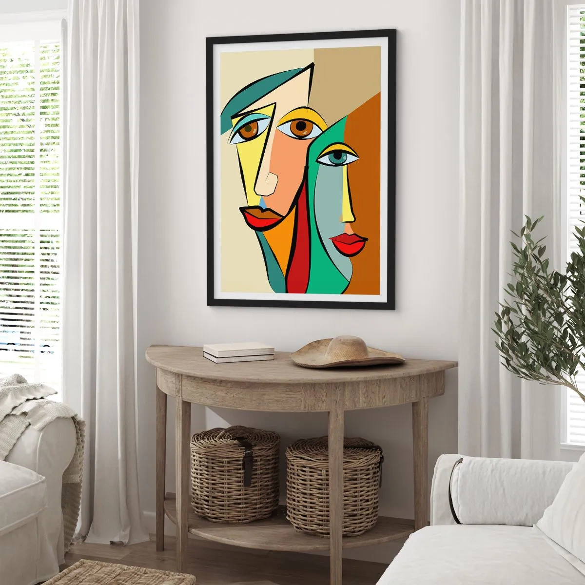 Poszter fehér keretben - Absztrakt kubista stílusú arcok meleg színekben - 50x70cm - Kubista pár - Modern fali dekoráció nappalihoz és hálószobához ARTTOR
